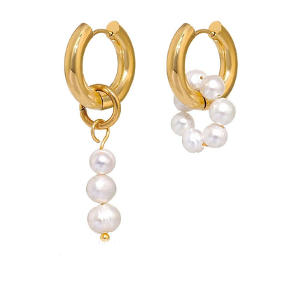 Asymmetric Pearl Earrings, Titanium Steel Light Luxury Style Gold Hoops, Niche Design Baroque Pearl Earrings