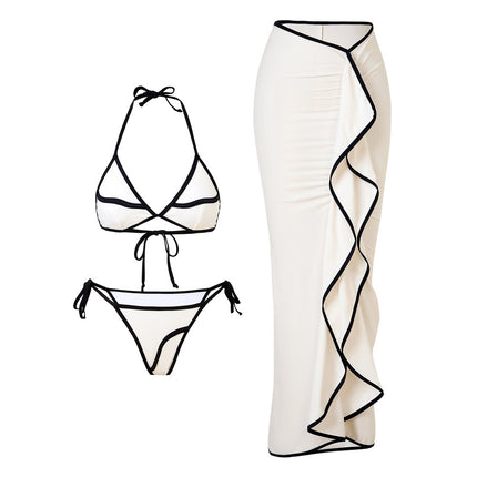 In-Stock European and American Cross-Border 2025 New Women's Swimsuit Two-Piece Solid Color Three-Piece Bikini Nylon Skirt Swimwear Set