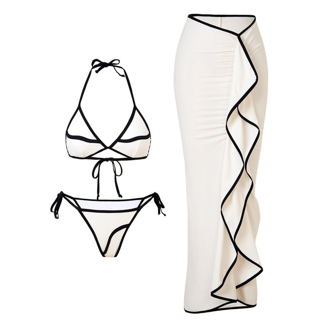 In-Stock European and American Cross-Border 2025 New Women's Swimsuit Two-Piece Solid Color Three-Piece Bikini Nylon Skirt Swimwear Set