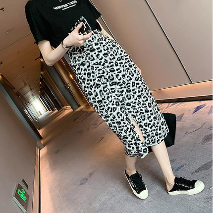 Slit Leopard Print Skirt Women's Summer 2021 New High Waist Slim Smocked Floral A-line Mid-length Hip Skirt