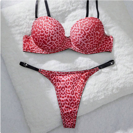 European and American Cross-Border Leopard Print Sexy Bra Thong Set Comfortable Push-Up Underwear Set