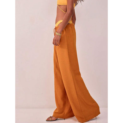 Cross-Border Bottoms Linen Texture Lace-Up Waist Pants Vacation Style Summer Bohemian Style Elegant