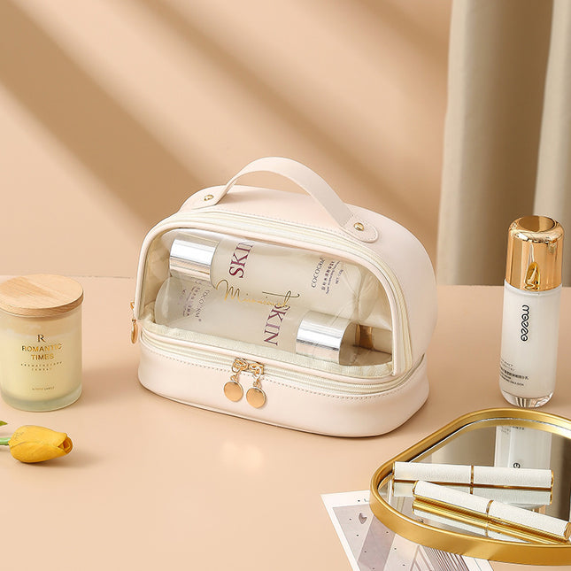 New Transparent Cosmetic Toiletry Bag Satchel Pu Bath Bag Waterproof Large Capacity Cosmetics Bag Pvc Splicing Cosmetic Bag