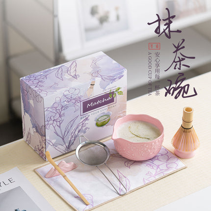 Directly Supplied from the Manufacturer, Exclusively for Cross-Border Trade, Ceramic Matcha Bowl Set with Embossed Cherry Blossom Design, 7-Piece Set with Spout, High Aesthetic Value, Color Box Packaging