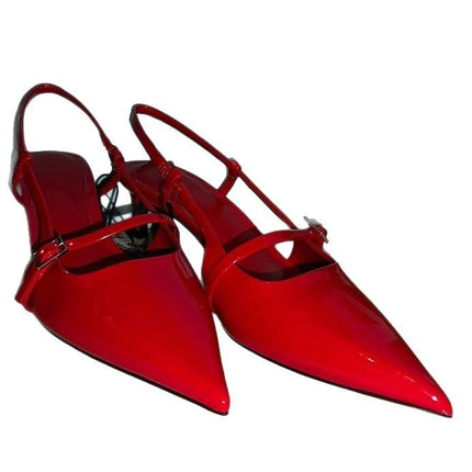 Red Patent Leather Cat Heel Toe-Back Sandals Summer New Pointed Toe Buckle High-End Sexy Sandals