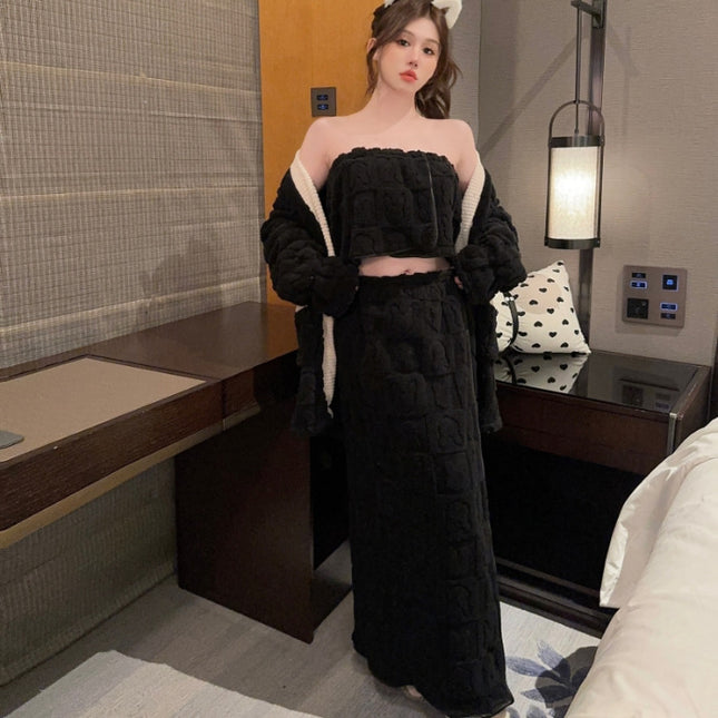 Q3190-3, jacquard coral fleece pajamas small tube-length apron robe three-piece suit autumn and winter warm home