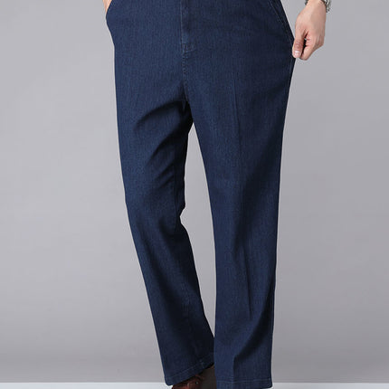 Middle-aged and elderly men's jeans summer thin father's pants elastic waist old men's casual pants loose middle-aged men's pants