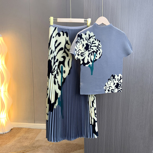 New Miyake Stylish High-end Skirt Set Women's Series Floral Pleated Top Pleated Skirt Long Two-piece Set
