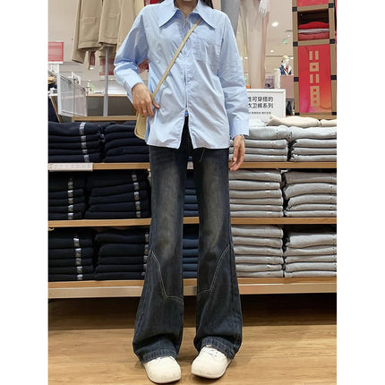Cement Gray Wide-Leg Jeans for Women Spring New Retro American High-Waist Slim Loose Non-Stick Straight Pants