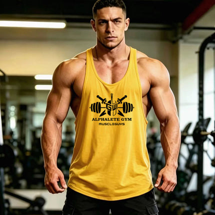 Summer Men's Vest Thin Strap Sports European and American Bodybuilding Fitness T-shirt Printed logo Waistle I-Shoulder Loose Men