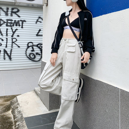 American casual overalls 2025 spring new design sense multi-pocket loose wide leg pants Denim floor pants