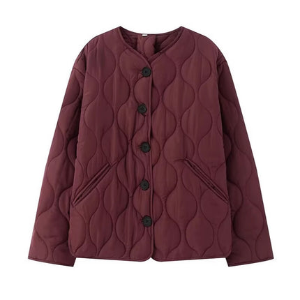 European and American Style Cross-Border Export Women's 2025 Fashionable Autumn and Winter Simple and Versatile Round Neck Long-Sleeved Cotton Jacket Quilted Cotton Jacket