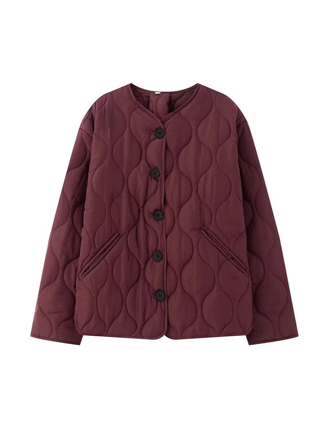 European and American Style Cross-Border Export Women's 2025 Fashionable Autumn and Winter Simple and Versatile Round Neck Long-Sleeved Cotton Jacket Quilted Cotton Jacket