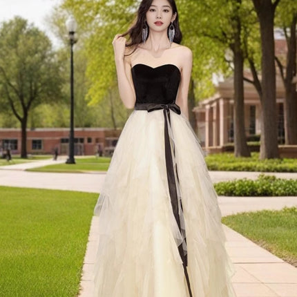 High-end Evening Dress Mesh Patching Dress Women's High-end Texture Socialite Strapless Black Elegant New Style Women's Long Dress