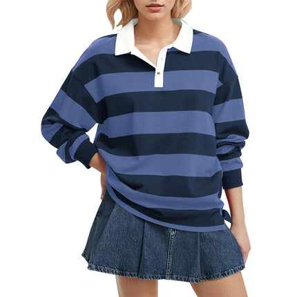 2025 European and American Cross-Border Long-Sleeved Stripesd T-Shirt Autum New Casual Versatile Loose Lapel Top