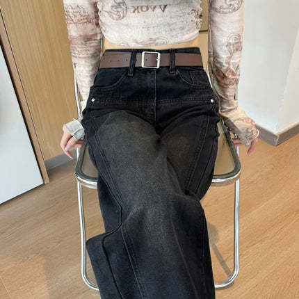 Black Grey Wide Leg Jeans Women's Trendy All-match New High Waist Slimming Loose plus size Retro Narrow Straight Leg Pants