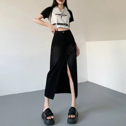 High Waist Slimming Denim Skirt Women's Trendy All-match Summer Lightweight New Irregular Split A- Line Mid-length Skirt