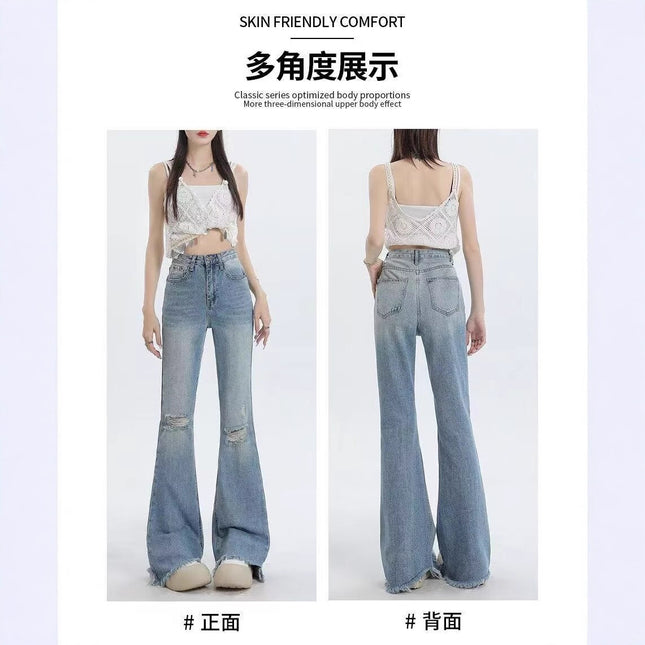 Light Blue Ripped Jeans for Women, Summer New Style, Tall 175cm, Slimming High-Waisted Fringed Extended Flared Pants