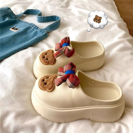Retro Bowknot Bear Outdoor Anti-Odor Slippers Home Cartoon Casual Height-Increasing 2026 Summer Closed-Toe Sandals