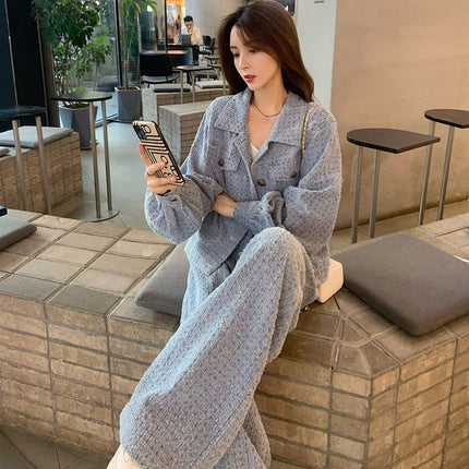 Xiao Xiang style Denim suit women's autumn 2024 new fashion sense foreign style age-reducing wide leg pants two-piece set