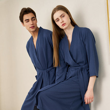 Summer Thin Water Absorbent Waffe Bathrobe Women's Summer Mid-length Simple Sexy Nightgown Men's Breathable Bath Towel Pajamas
