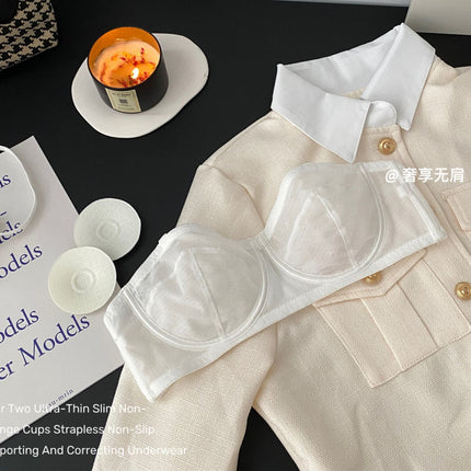 Strapless Anti-Slip Underwear, Ultra-Thin, Large Breasts Appear Smaller, Anti-Sagging Tube Top, Chest Wrap with Breast Pads, Soft Steel Ring Bra