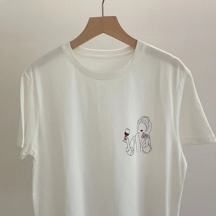Niche Momsi*Er French Wine Glass Printed Short-Sleeved T-Shirt for Women Ins Super Hot Loose Summer Round Neck Tee