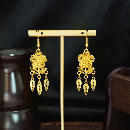 Ethnic Style Peacock Earrings for Women Gold Bell Tassel Earrings Bohemian Leaf Pendant Scenic Spot Earrings Wholesale