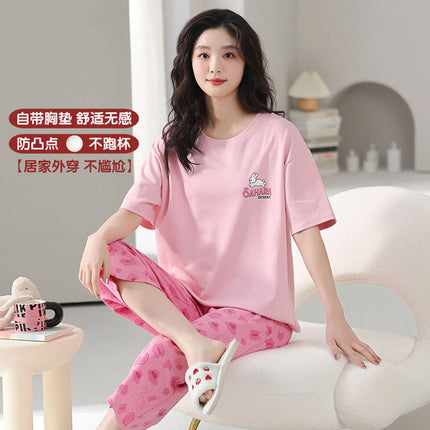 Pajamas Women's Summer Short-sleeved Knitted Cotton Wear-free Bra with Chest Pad Can be Wearing Outer-wear Anti-sudden Sleeping Beauty-making Home Wear Casual Wear