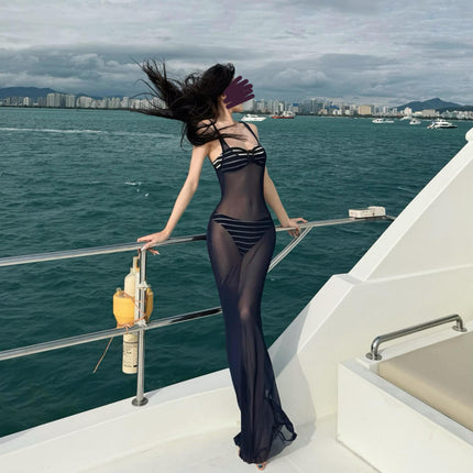 2025 New Sexy Spice Girl Perspective Tulle Navy Blue Blouse Sexy Perspective Mesh Knee Skirt Bikini Swimsuit