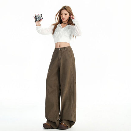 Khaki Wide-Leg Cargo Jeans for Women, Autumn 2025 New American Design, Loose Straight-Leg Floor-Length Pants