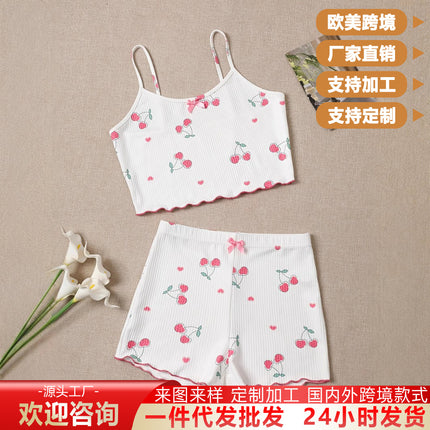 2025 Cherry Heart Print Camisole and Shorts Women's Pajama Two-Piece Set Home Wear Set with 3D Print