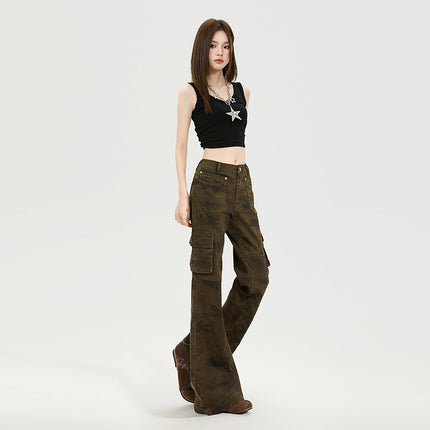 American Retro Camouflage High-Waisted Flared Cargo Pants for Women, Spring and Autumn New Slim-Fit Drapey Casual Bell-Bottom Pants for Women