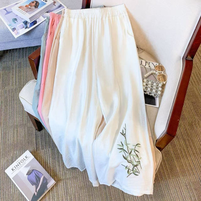 Loose-Fitting Cotton and Linen Embroidered Wide-Leg Pants for Women, Summer Pants, Slimming High-Waisted Thin Straight-Leg Casual Pants for Women