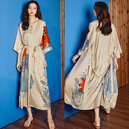 Yaoting New Style Satin Pajamas Women's Summer Large Size Light Luxury Seven-point Sleeve Cool Nightgown Bathrobe Home Clothes Women's WP2669