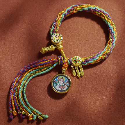 Thangka Xizang Hand Rope Hand-woven Ethnic Style Bracelet Five-way God of Wealth Green Mother Wen Zhu Thangka Bracelet