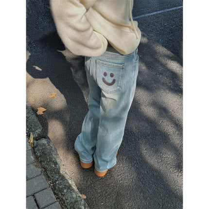 Spring 2025 New Fashion Straight High Waist Pocket Smiley light blue Wide Leg Internet Celebrant Hot Jeans for Women