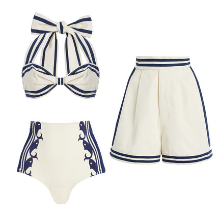 2025 Europe and the United States new navy style striped printed neck one-piece split swimsuit shorts suit women's cross-border explosions