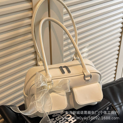 Trendy Niche Design Baguette Bag Cross-border Retro Women's Bowling Bag Women's Solid Color Simple Soft Face Underarm Bag