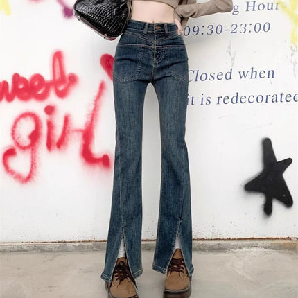 Small Split Micro Jeans Women's 2025 Spring Slim-fit American-style All-match Slim-fit Horn Mop Pants