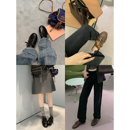 Vintage Double Strap Leather Buckle Sheepskin Round-Toe Versatile Casual German Training Shoes for Women Small Leather Shoes