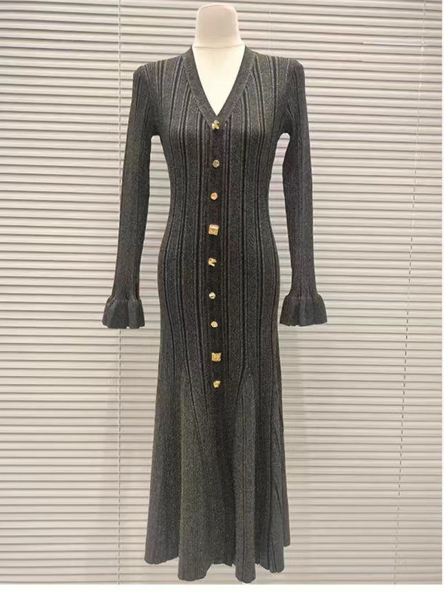 S2026 Spring and Autumn French Style New Women's Fashion European and American Socialite Fine Glitter Line V-Neck Single-Breasted Flared Sleeve Slim Dress