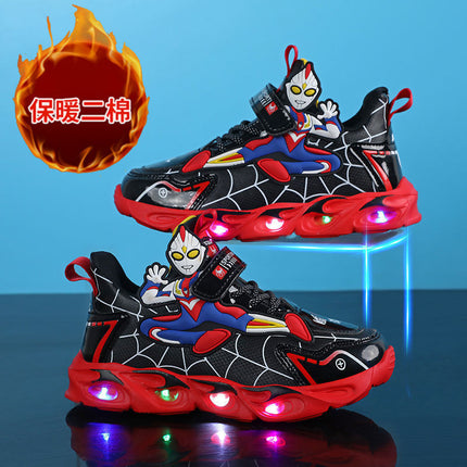 2025 Boys' Shoes Children's Anti-Slip Mid-Leat Running Shoes Leather with Lights Spider-Man Children's Sports Shoes Autumn Lightweight