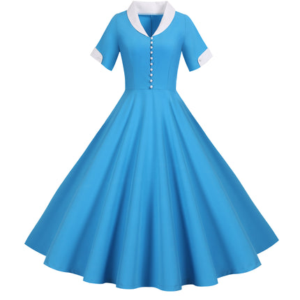 Cross-border Foreign Trade Retro Hepburn Style European and American Summer New Short-sleeved Suit Collar Solid Color Casual Large dress