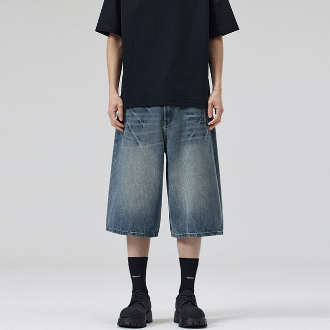 LKTM Men's# American Retro Old Blue Lightning Pattern Denim Shorts Men's and Women's Loose Straight Shape Cropped Pants