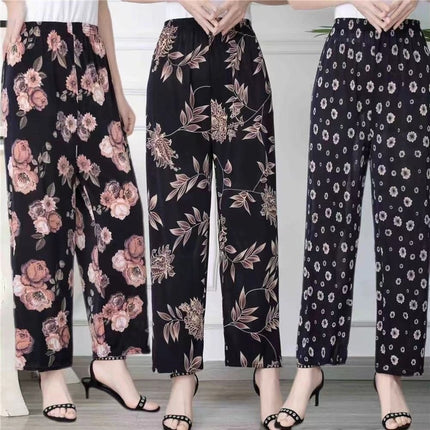 Middle-Aged and Elderly Women's Summer Thin Floral Pants, Loose Fit, Ice Silk Cropped Granny Pants, Direct from Manufacturer