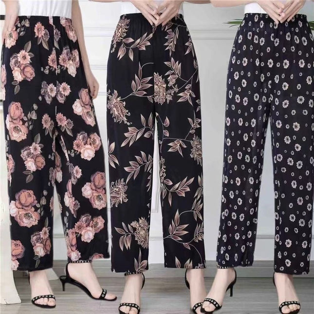 Middle-Aged and Elderly Women's Summer Thin Floral Pants, Loose Fit, Ice Silk Cropped Granny Pants, Direct from Manufacturer