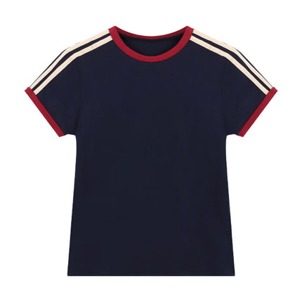 Cross-Border Supply Manufacturer Direct Sales T-Shirt Custom Round Neck Contrasting Stripes Short-Sleeved T-Shirt Blank Board Summer Women