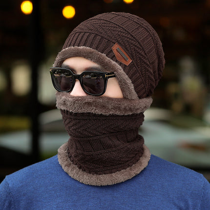 Winter Scarf Hat Two-Piece Set Fleece-Lined Warm Knitted Hat Outdoor Cycling Cold-Proof Woolen Hat Men's Pullover Hat