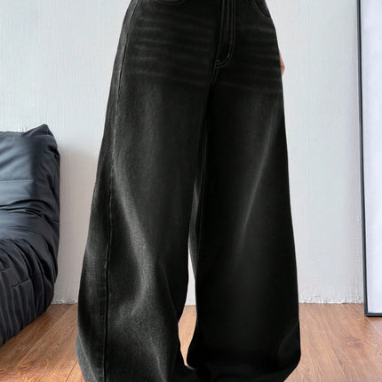 Cross-Border Foreign Trade Amazon European and American Black Wide-Leg Denim Washed Women's Jeans Loose Casual Floor-Length Trousers